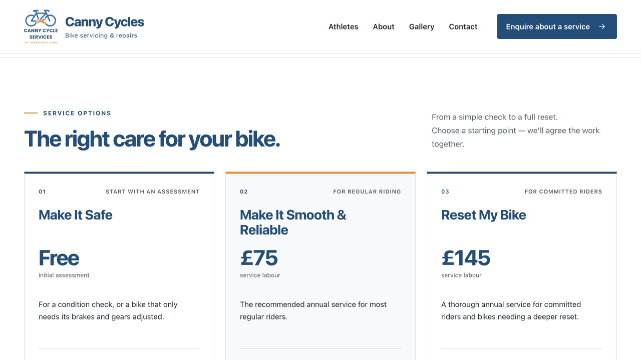 Canny Cycles service comparison showing three packages and clear descriptions of the work included.