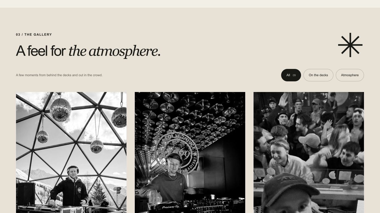 NATUS photo gallery with category filters and three photographs of DJ sets and the crowd.